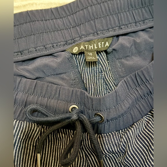 Athleta Stripe Bali Linen Ankle Pant Navy Cream Cuffed Pockets size 10 - Picture 12 of 16